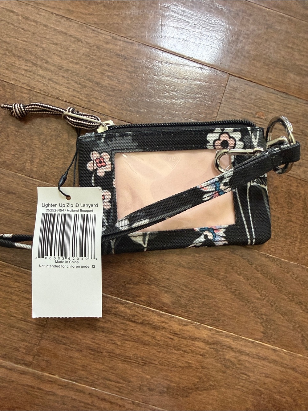 Vera Bradley Black Floral Lighten Up Zip ID Lanyard Wallet